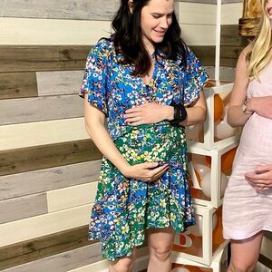 Anthropologie Floral V-Neck Mini Dress in Blue and Green Size Medium